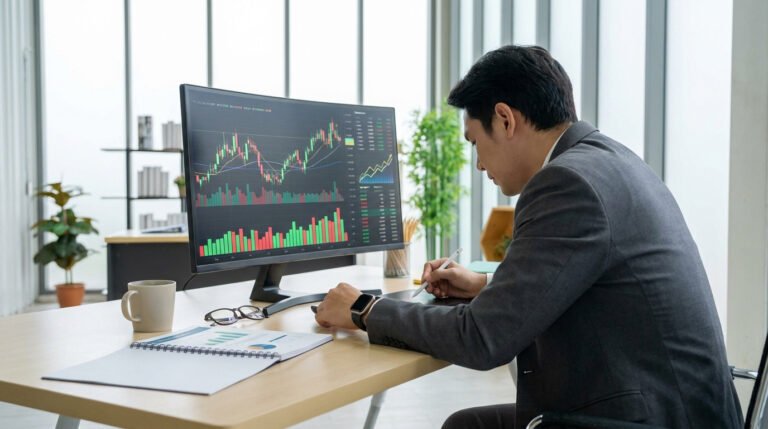 Un trader en costume analysant des graphiques boursiers complexes sur un écran incurvé dans un bureau moderne.