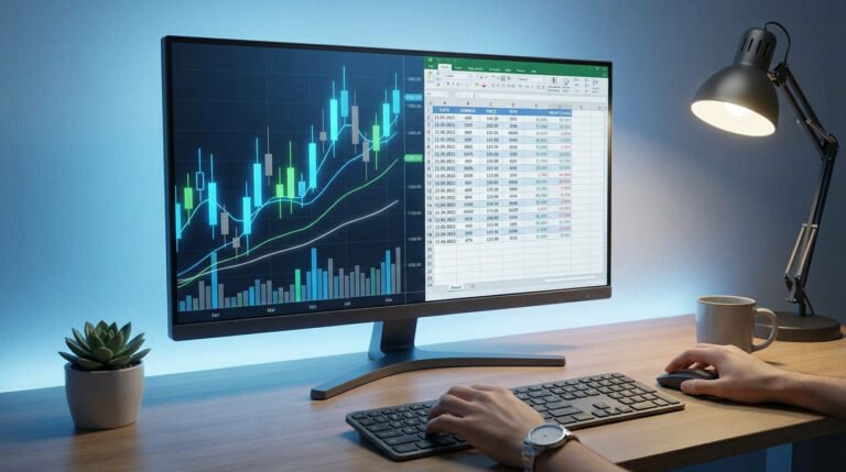 Un écran d'ordinateur affiche un graphique boursier à côté d'un tableau Excel contenant des données de trading.