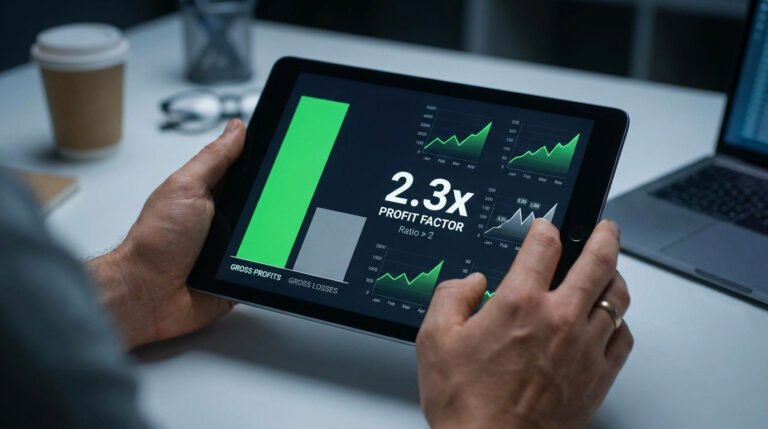 Tablette affichant un graphique de Profit Factor à 2.3x tenu par des mains sur un bureau.