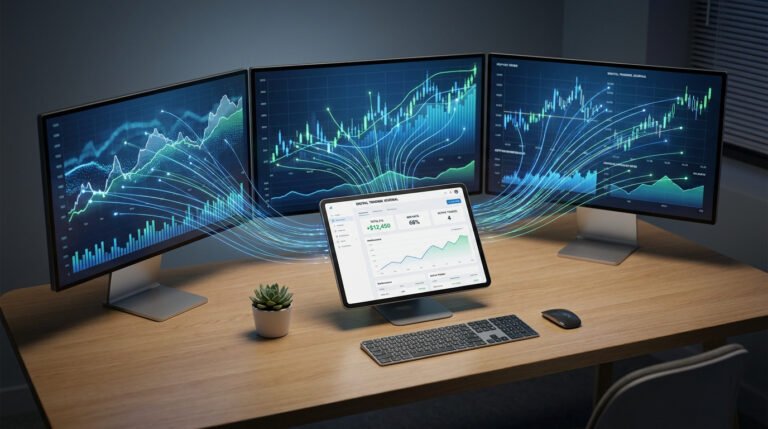 Écrans affichant des graphiques financiers connectés à une tablette centrale sur un bureau en bois.
