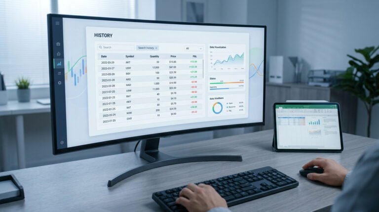 Un écran d'ordinateur affichant un tableau d'historique de trading et des graphiques de données dans un bureau.