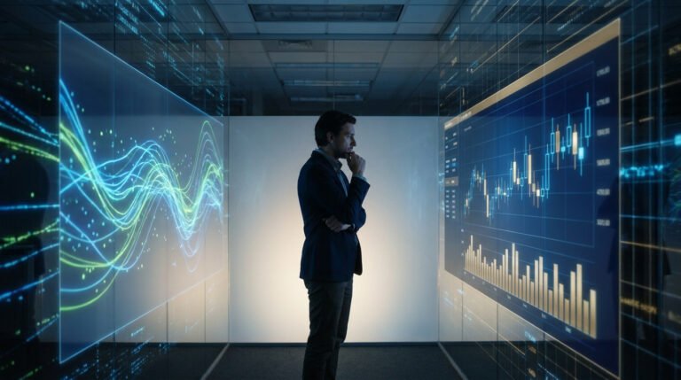 Un trader en costume observant des graphiques boursiers numériques projetés sur des parois vitrées dans un bureau sombre.