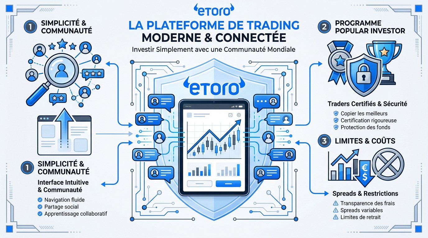 Interface de la plateforme eToro affichant des graphiques de trading et des profils d'investisseurs