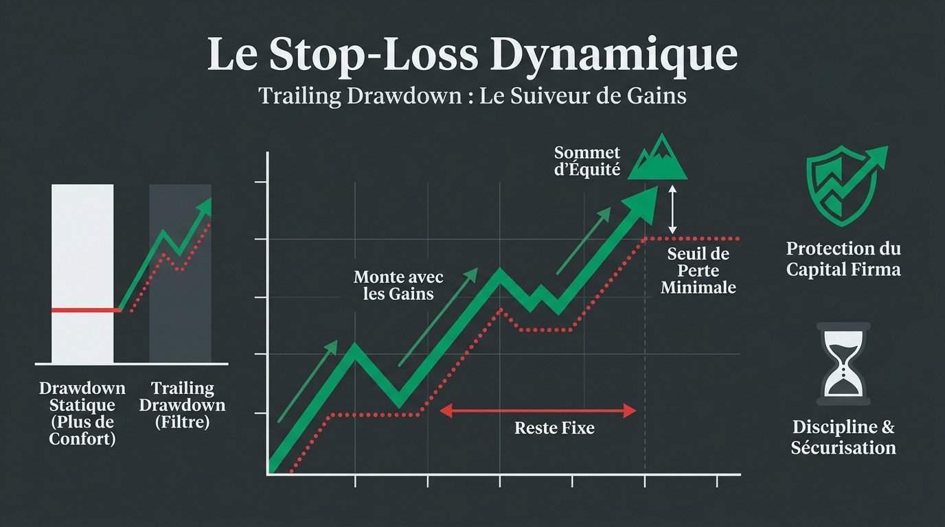 Schéma du mécanisme de trailing drawdown en prop firm