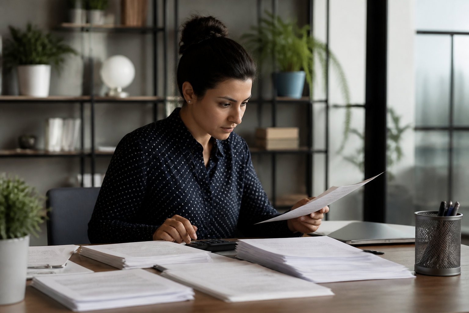 Politique éditoriale PropLog : une femme concentrée examine des documents financiers et utilise une calculatrice à son bureau.