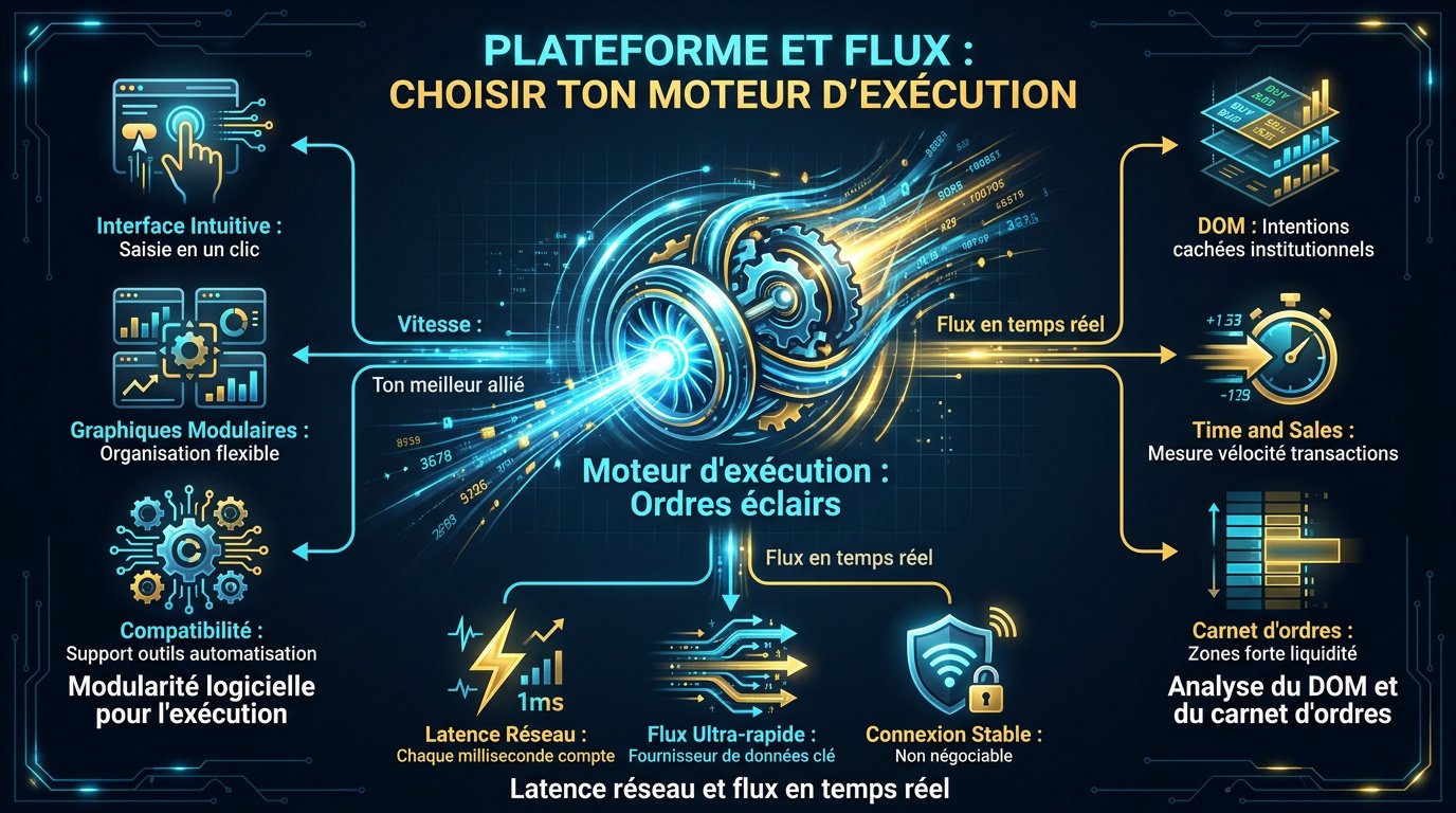 Interface logicielle de trading futures avec graphiques et carnet d'ordres