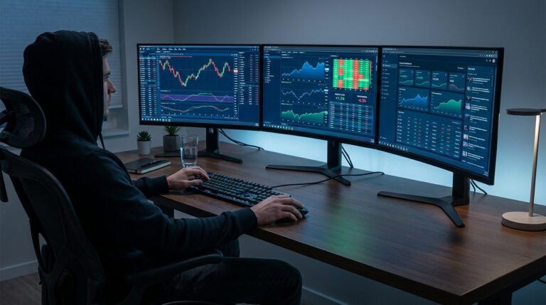 Un trader en sweat à capuche travaillant sur trois écrans affichant des graphiques boursiers dans un bureau sombre.