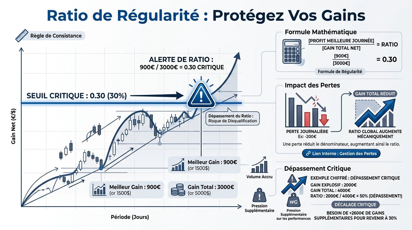 Graphique illustrant le calcul du ratio de régularité de 30% en prop firm