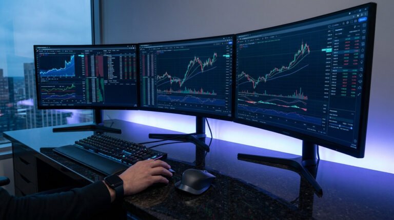 Configuration de bureau avec trois moniteurs affichant des graphiques boursiers financiers complexes.