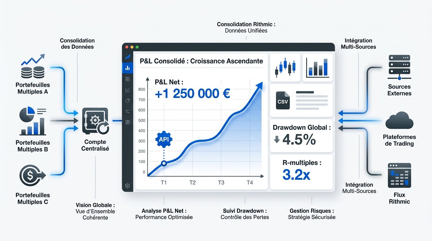 Journal de trading Rithmic multi-comptes : interface de consolidation de performance et tableau de bord financier