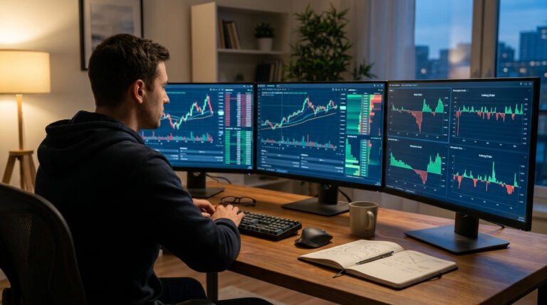 Un trader analyse des graphiques de flux d'ordres sur trois écrans devant un carnet de notes.