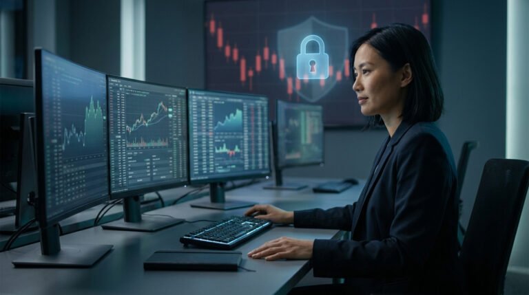 Une femme trader professionnelle travaillant sur plusieurs écrans avec un symbole de cadenas numérique en arrière-plan.