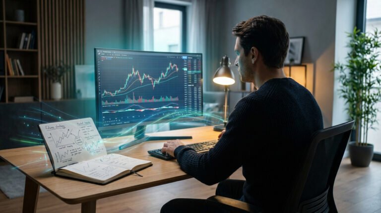 Trader analysant des graphiques boursiers sur un écran avec un carnet de notes numérique ouvert sur son bureau.