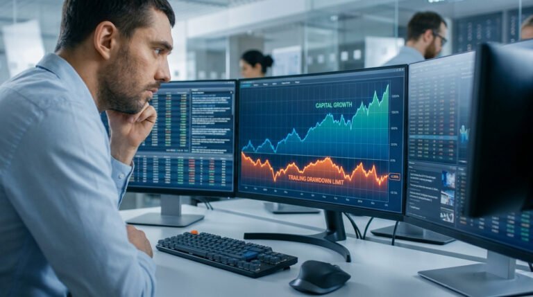Un trader concentré devant plusieurs écrans affichant des graphiques de capital et de trailing drawdown.