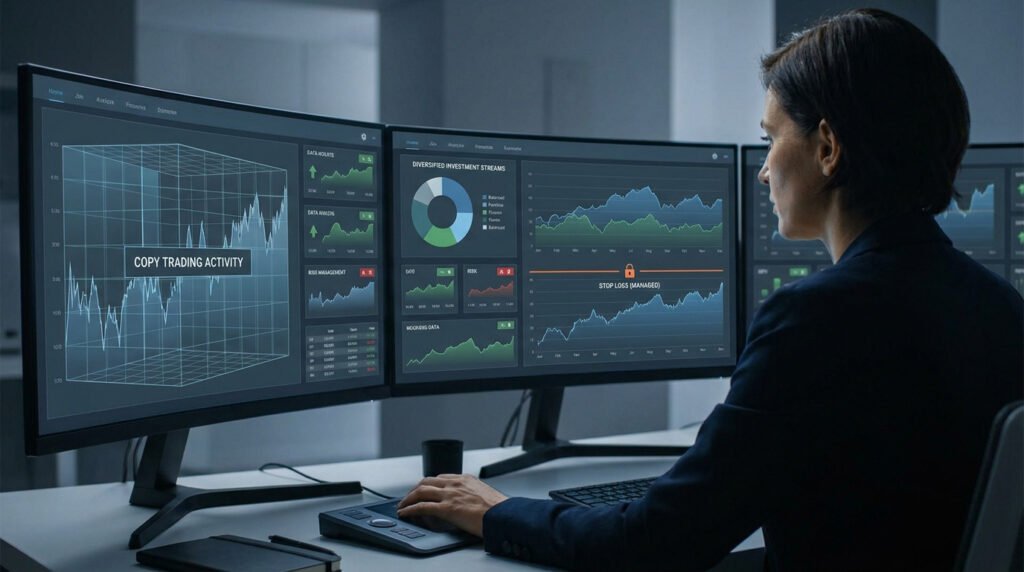 Une femme devant plusieurs écrans analysant des graphiques de copy trading avec des indicateurs de risque.