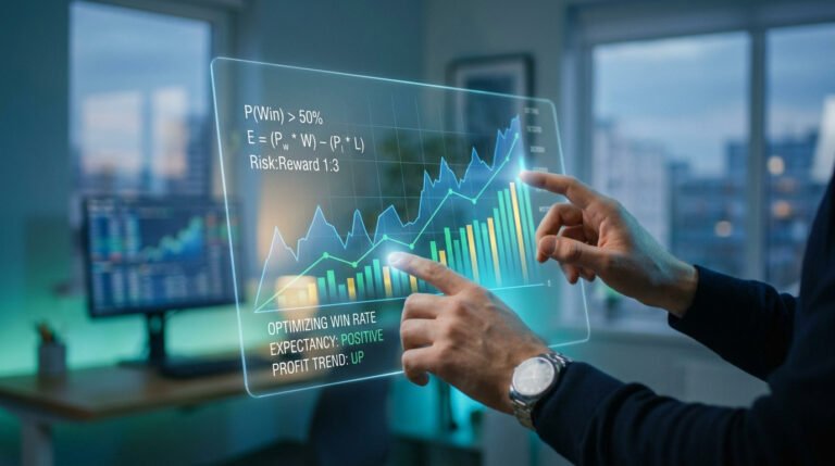 Mains manipulant un écran holographique affichant des graphiques financiers et des calculs de probabilité de gains.